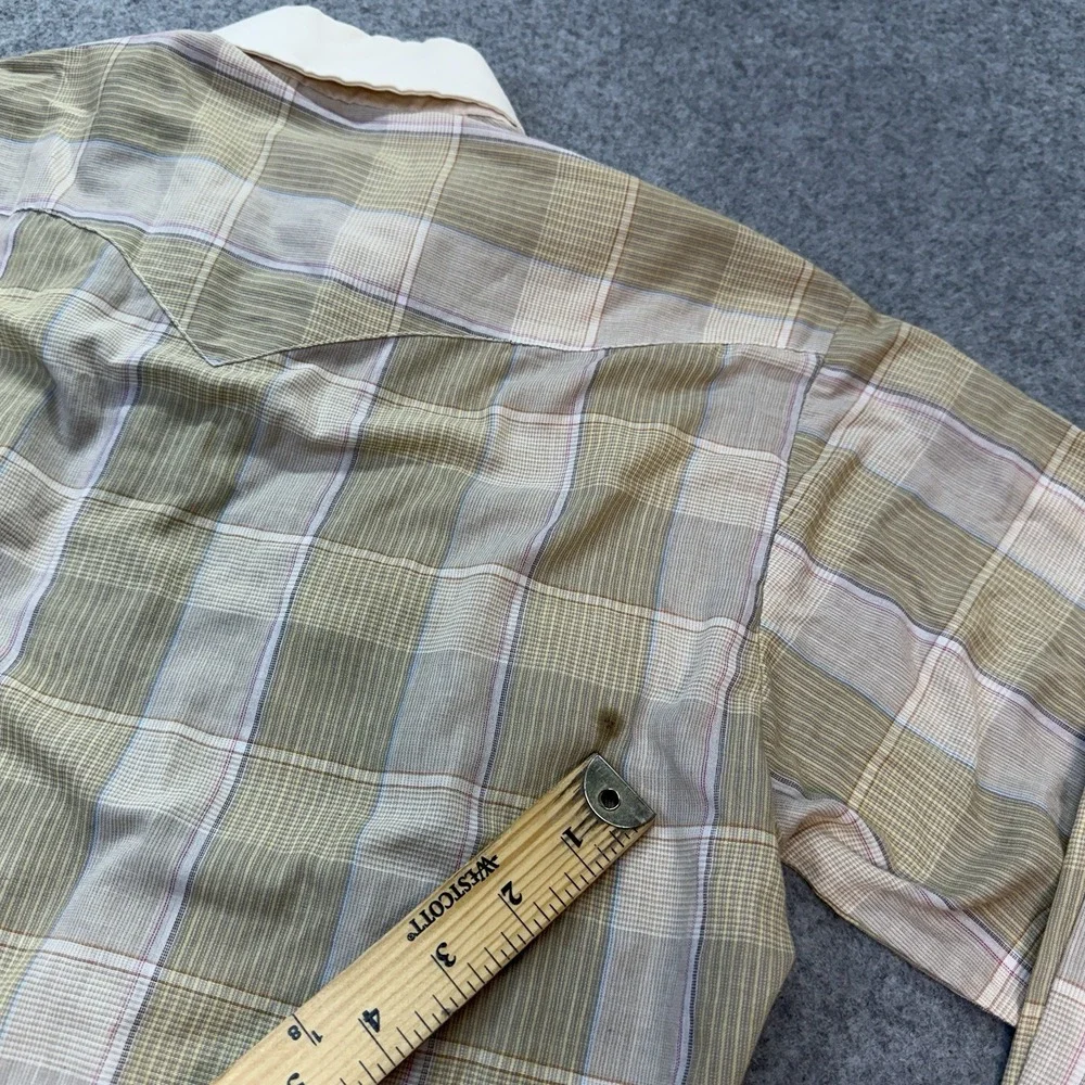 Vtg Panhandle Slim Men M Western Snap-Front Shirt Tan Olive Plaid 15 34 USA 70's